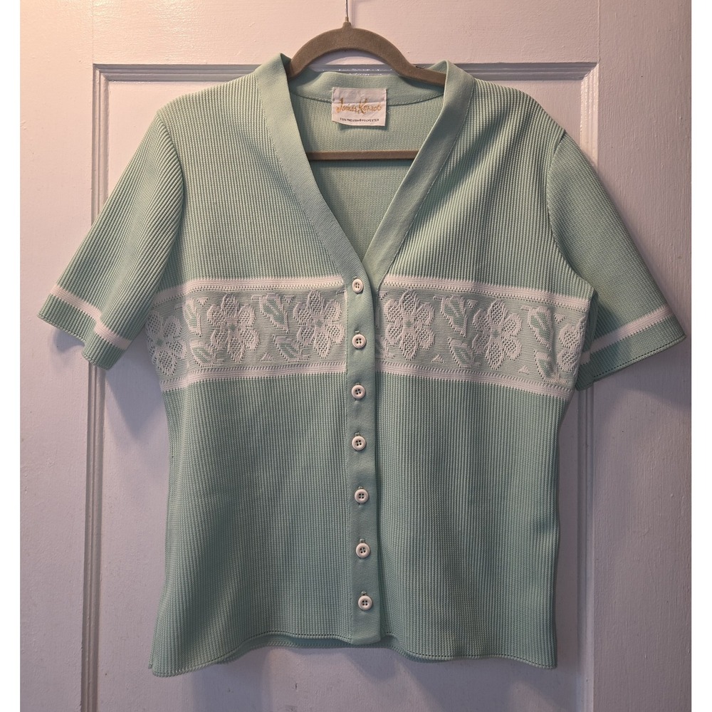 Vintage 70's James Kenrob Green White Floral Knit Button Short Sleeve Sweater 14